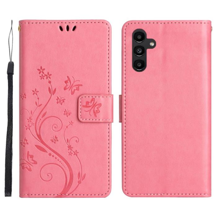 OEM - Samsung Galaxy S26+ Plånboksfodral Konstläder Fjäril Blomma - Rosa