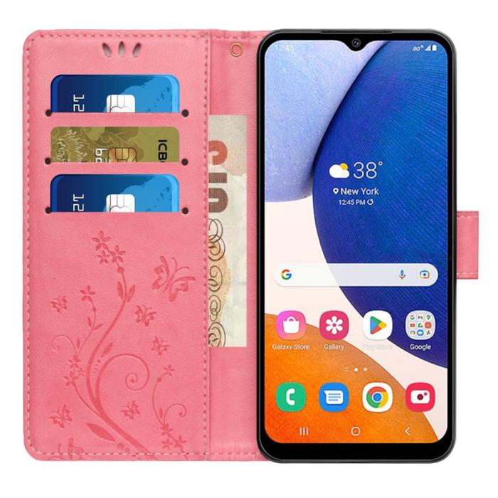 OEM - Samsung Galaxy S26+ Plånboksfodral Konstläder Fjäril Blomma - Rosa