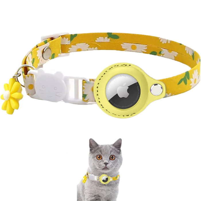 A-One Brand - Airtag Katt Halsband Blommönstrat PU-läder - Gul