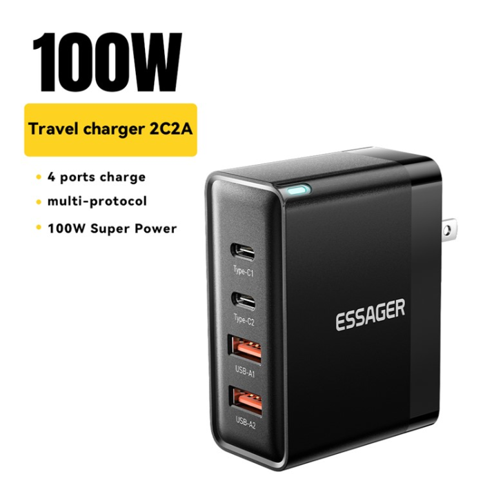 ESSAGER - ESSAGER Väggladdare 100W 2x USB-C - 2x USB-A ES-CD37 US Svart