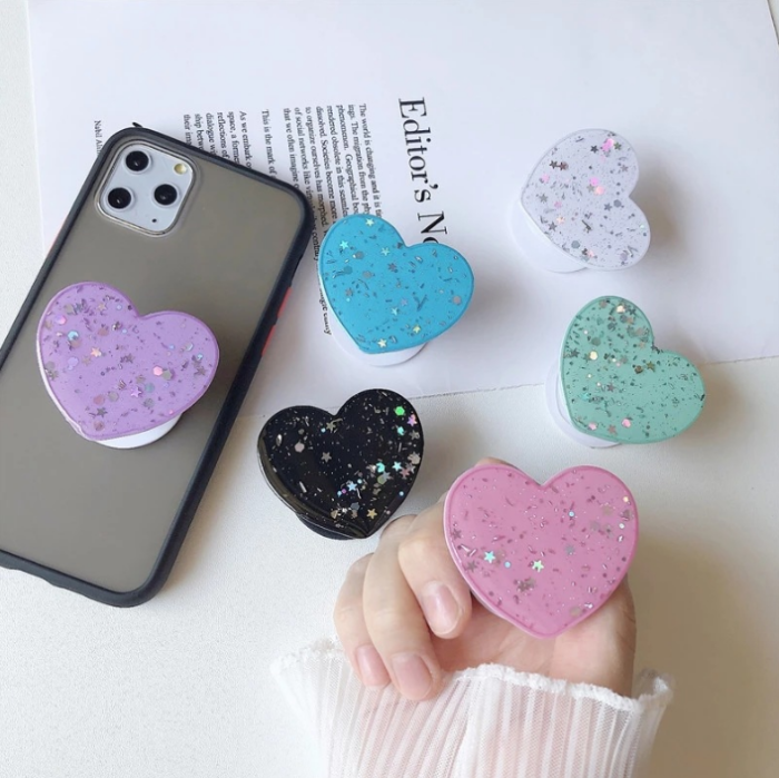A-One Brand - Heart Glitter Mobilhållare / Mobilgrepp - Turkos