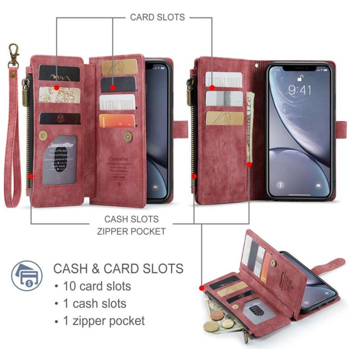 Caseme - CASEME Konstläder Plånboksfodral för iPhone XR med Rem och Kortfack - Röd