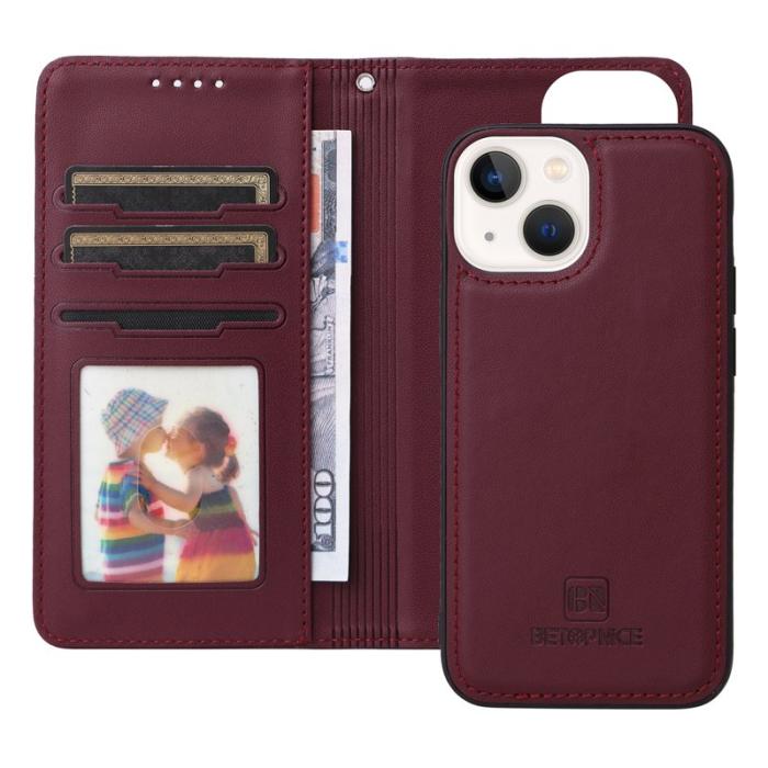 BETOPNICE - BETOPNICE iPhone 14 Plus Plånboksfodral - Detachable Konstläder- Vinröd
