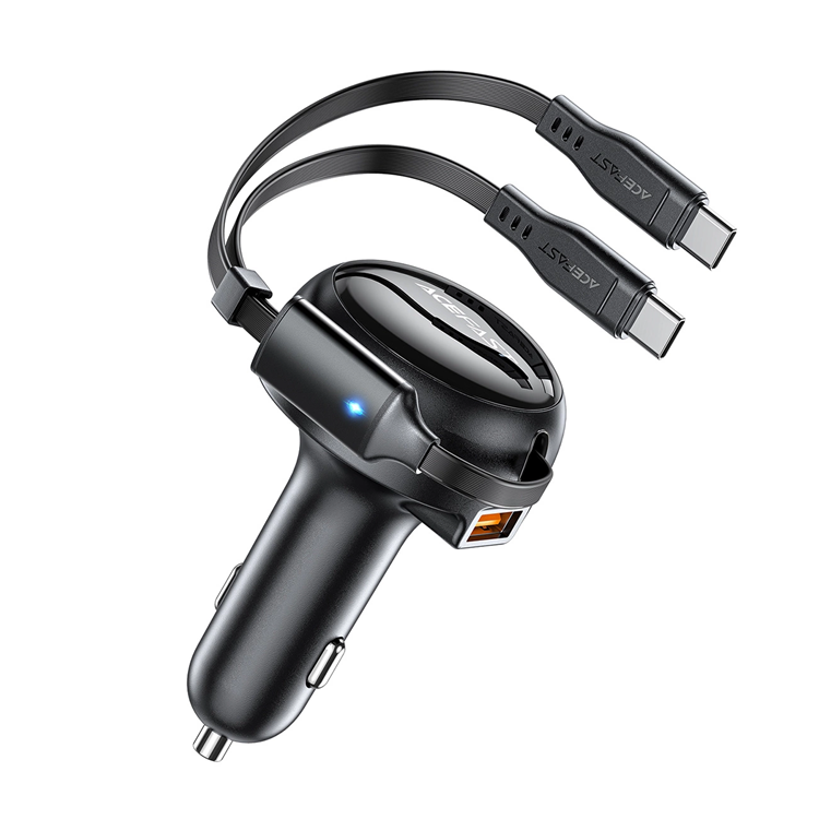 Acefast Billaddare 53W USB-A Retractable Kabel 2x USB-C - Svart | 505295 | AlltMobil