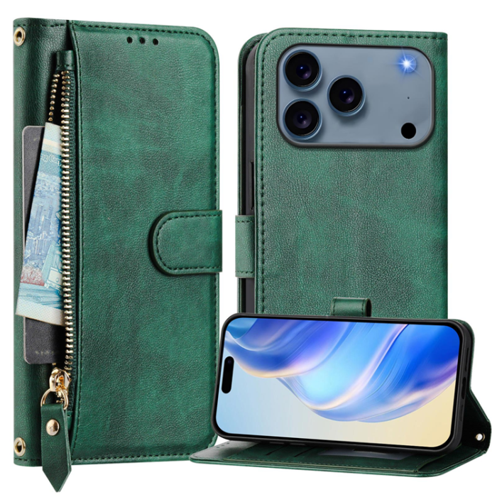 A-One Brand - iPhone 17 Pro Plånboksfodral Zipper Pocket Läder - Grön
