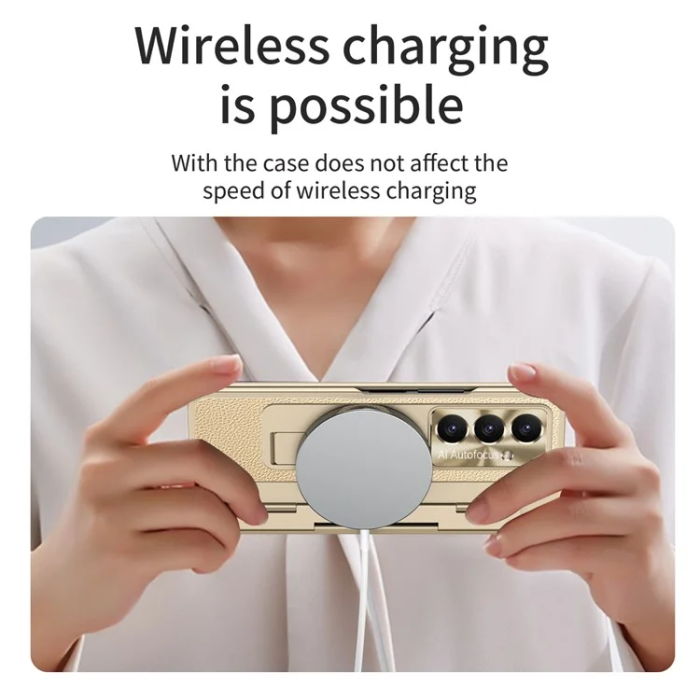 A-One Brand - Galaxy Z Fold7 5G Mobilskal läder + PC Kickstand - Guld