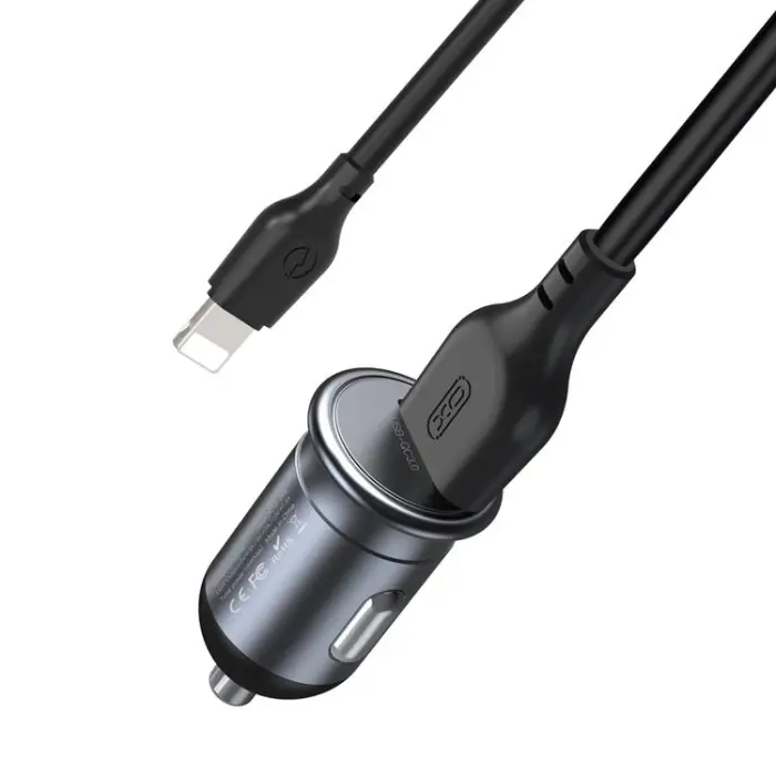 XO - XO Billaddare 1x USB QC 3.0 18W + Lightning Kabel CC46 - Grå