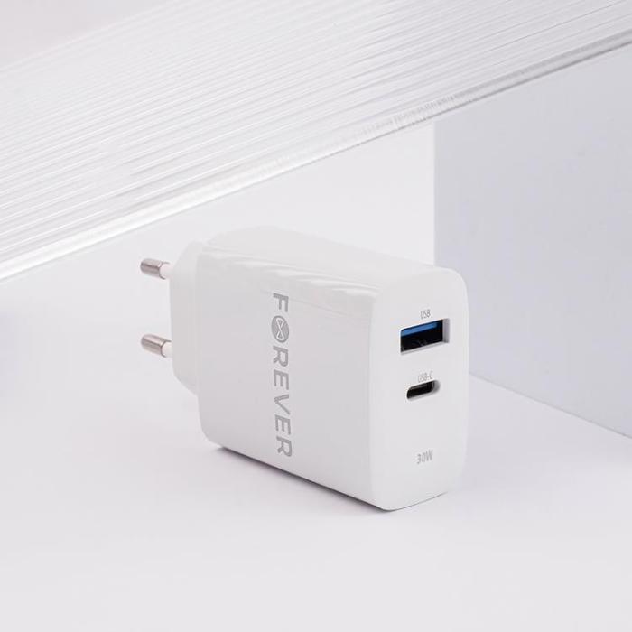 Forever - Forever Väggladdare 1x USB-C 1x USB 30W TC-07-30AC - Vit