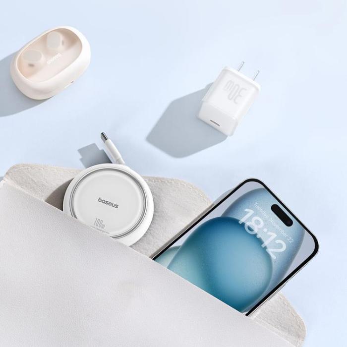 BASEUS - Baseus Retractable Free2Draw Mini USB-C - USB-C 100W 1m - Vit