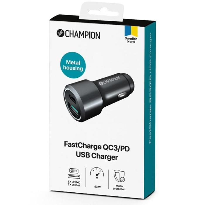 Champion - CHAMPION Snabbladdning PD USB Billaddare Duo 43W