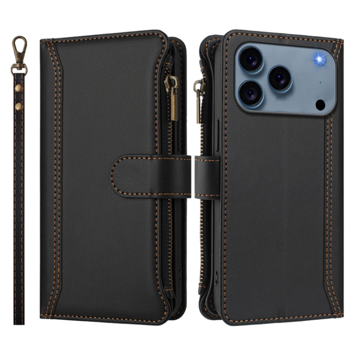 A-One Brand - iPhone 17 Pro Plånboksfodral Zipper Med Rem - Svart