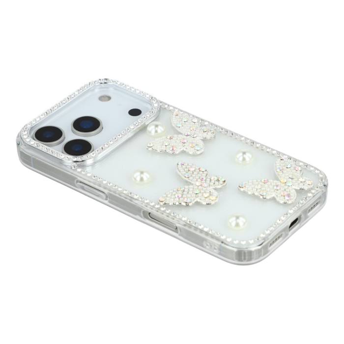 A-One Brand - iPhone 17 Pro Max Mobilskal Rhinestone Edge Pearl Butterfly