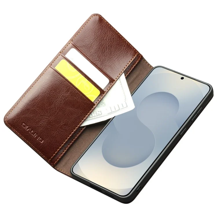 QIALINO - Qialino Galaxy S25 Edge Plånboksfodral Äkta Läder - Brun