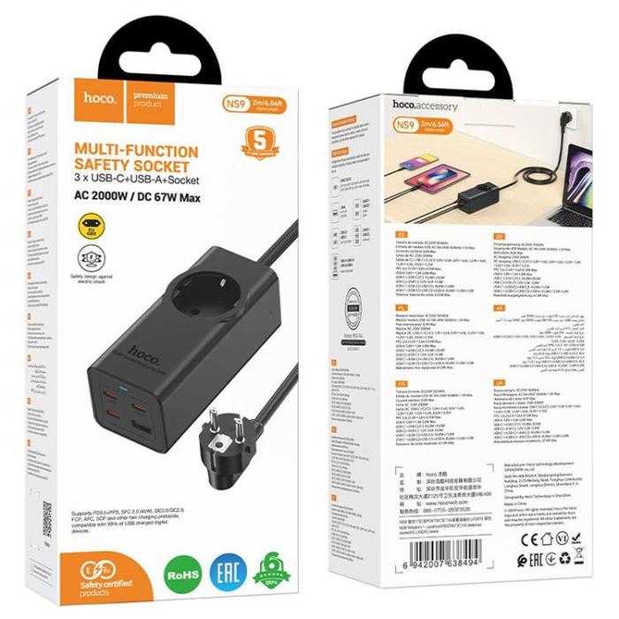 Hoco - Hoco Förlängningssladd 67W 1 uttag 3xTyp-C 1xUSB-A PD QC3.0 3A 2m - Svart