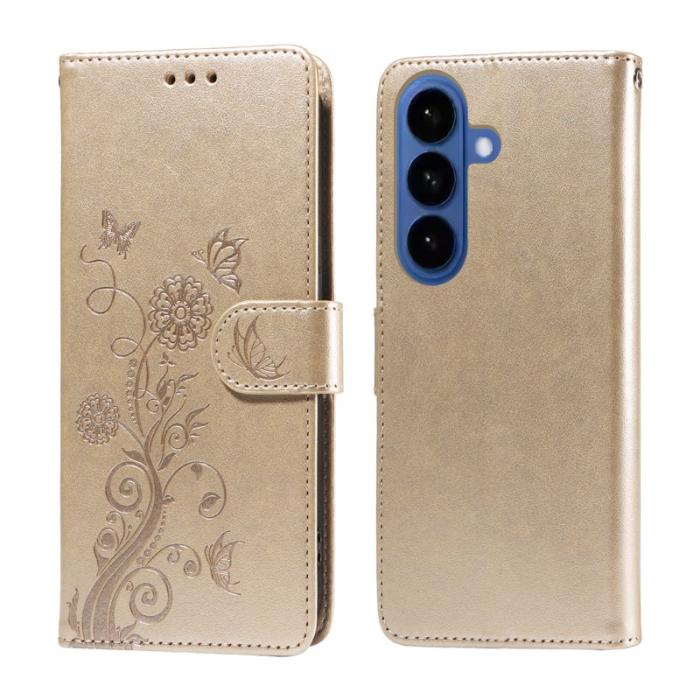 OEM - Samsung Galaxy S26 Plus Plånboksfodral Konstläder Blomtryck Ställ - Guld