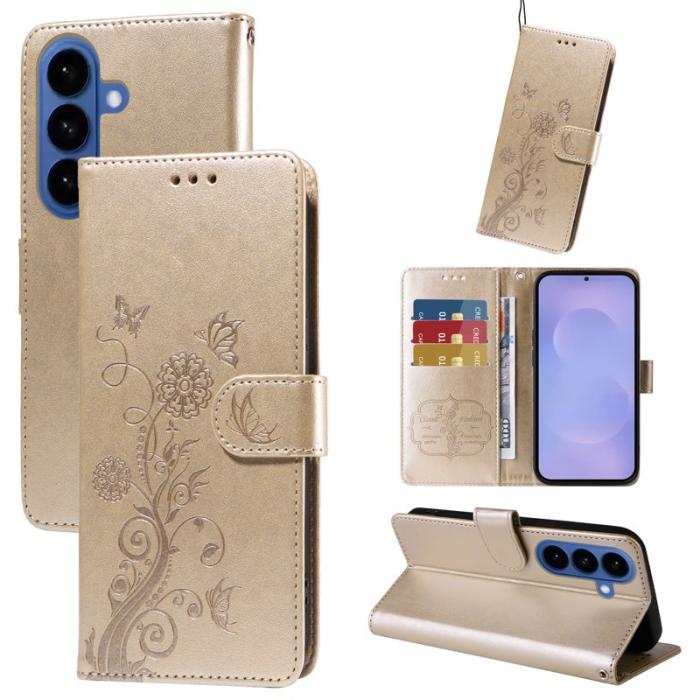 OEM - Samsung Galaxy S26 Plus Plånboksfodral Konstläder Blomtryck Ställ - Guld