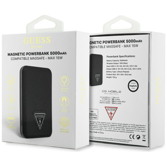 Guess - Guess MagSafe Trådlös Power Bank 5000mAh 15W USB-C Grained Triangle Inductive