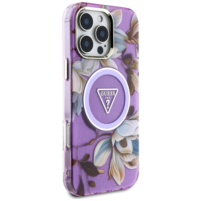 Guess - Guess iPhone 16 Pro Max Mobilskal Magsafe Glitter Flowers - Lila