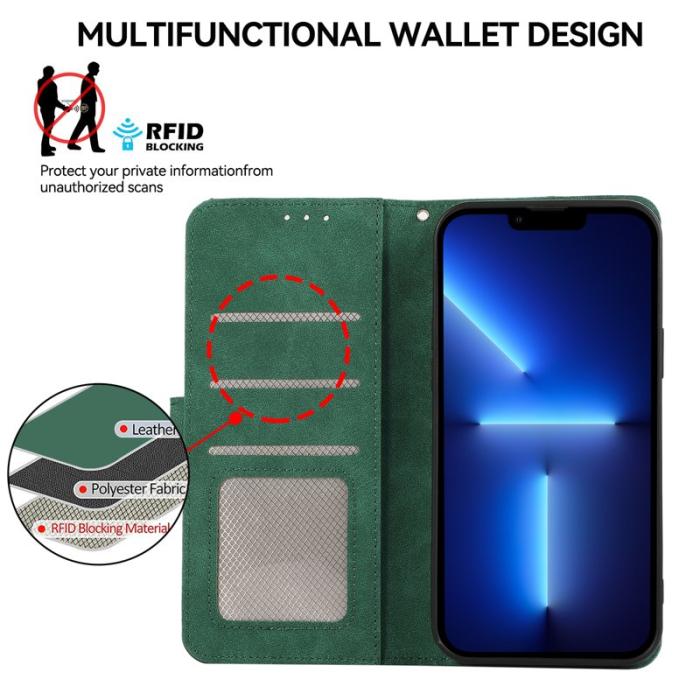 ABEEL - ABEEL iPhone 13 Pro Plånboksfodral RFID-Skydd Grön Konstläder