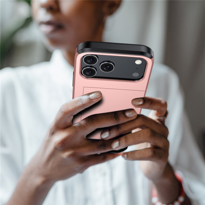 Amorus - AMORUS iPhone 17 Pro Mobilskal Med Glidande Korthållare - Roséguld