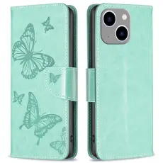 OEM - iPhone 14 Plus Pl&aring;nboksfodral Butterfly Imprinted - Turkos