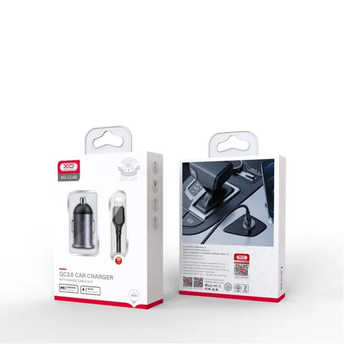 XO - XO Billaddare 1x USB QC 3.0 18W + Lightning Kabel CC46 - Grå