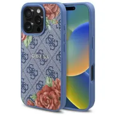Guess - Guess iPhone 16 Pro Mobilskal MagSafe 4G Flowers Print - Blå