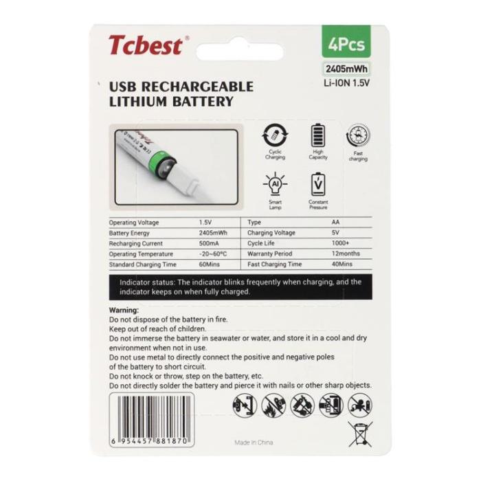TCBEST - [4-Pack] TCBEST Uppladdningsbart Batteri R6 (AA) 650 mAh Typ-C