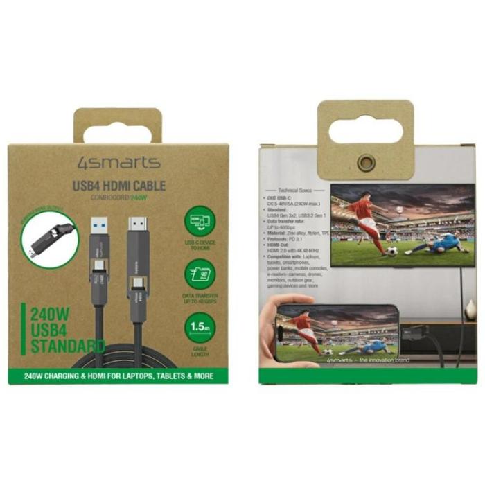 4smarts - 4smarts HDMI Kabel 240W 1.5m ComboCord USB4 - Svart
