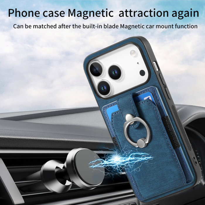 A-One Brand - iPhone 17 Pro Mobilskal med Korthållare Läder Kickstand - Blå