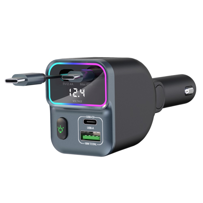 A-One Brand - Billaddare med Dual infällbart USB-C Kabel GC15 - Svart