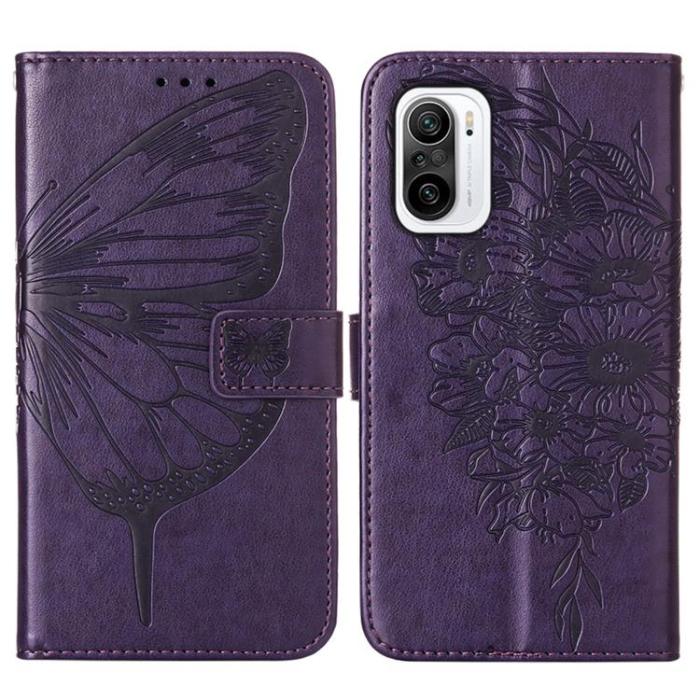A-One Brand - Butterfly Flower Imprinted Plånboksfodral Xiaomi 12 Pro - Mörklila
