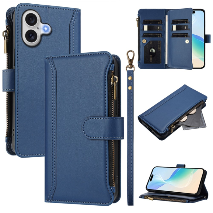 A-One Brand - iPhone 17 Plånboksfodral Zipper Med Rem - Blå