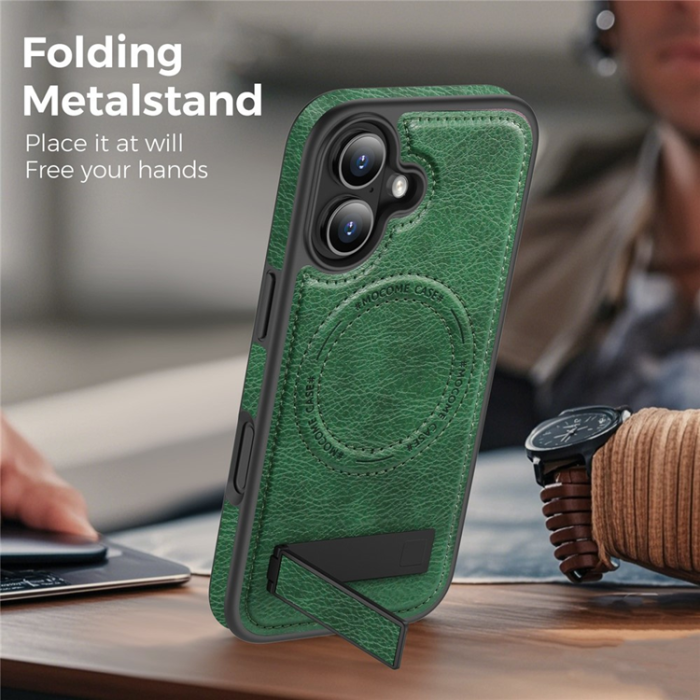 A-One Brand - iPhone 17 Mobilskal MagSafe Kickstand Läder - Svartgrön
