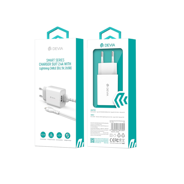 Devia - Devia Väggladdare 2xUSB 2.4A Smart + Lightning Kabel 1m - Vit