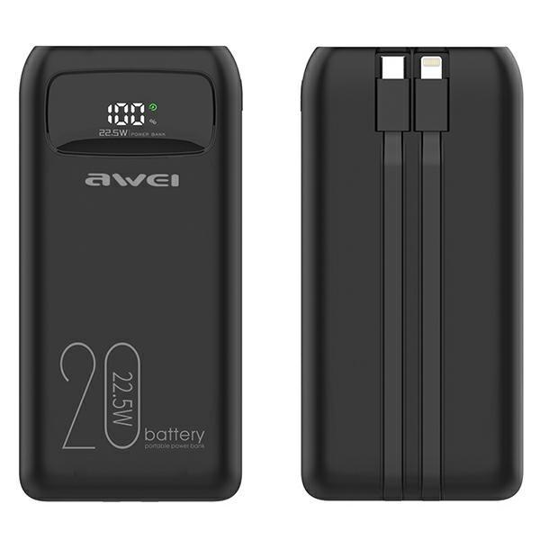 Awei Powerbank 20000mAh 22.5W Med USB-C/Lightning Kabel - Svart | 505295 | AlltMobil