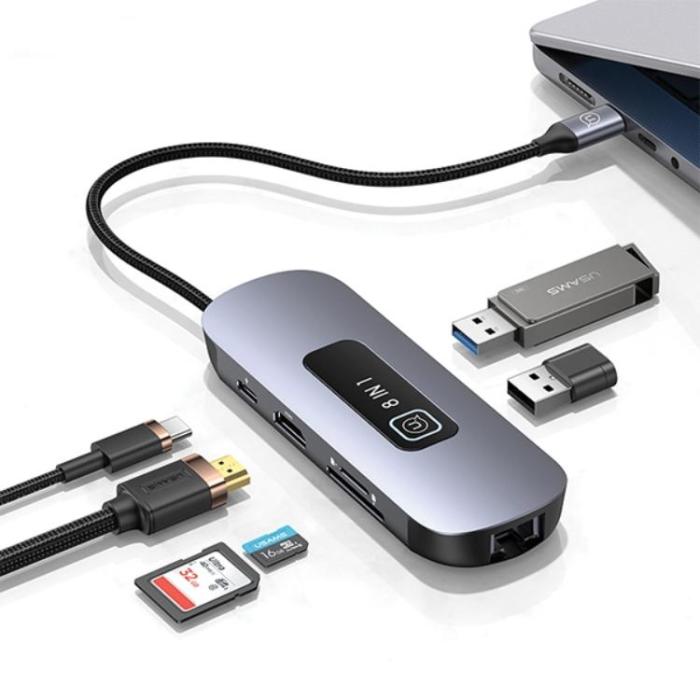 USAMS - USAMS 8in1 Hubb 100W 3xUSB-A USB-C, HDMI, TF, SD, RJ45