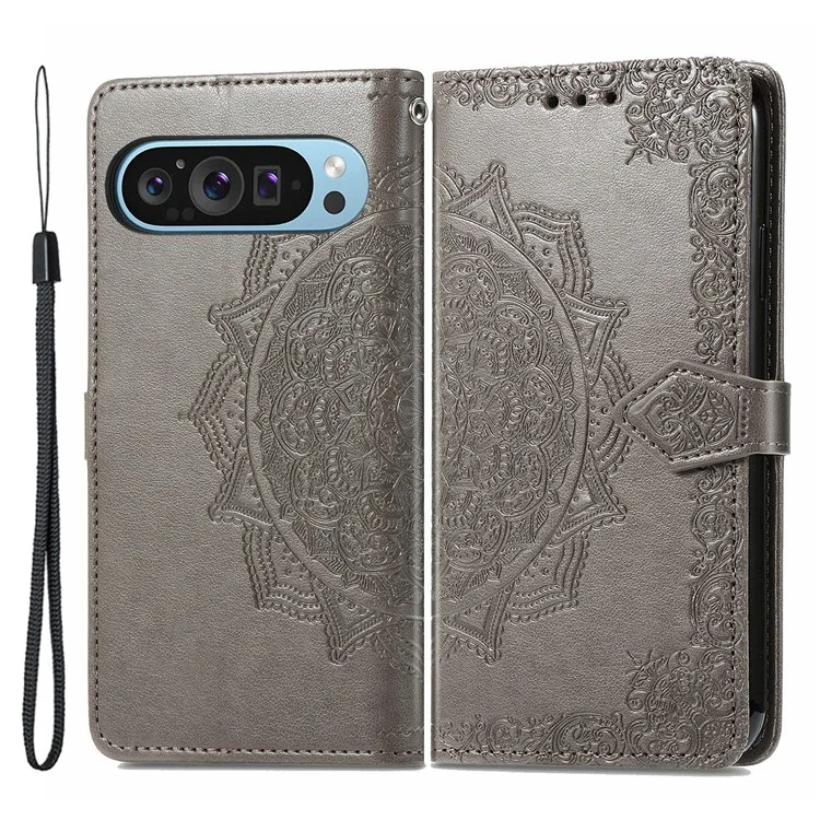 Google Pixel 10/10 Pro Plånboksfodral Mandala Flower - Grå | 2353 | AlltMobil