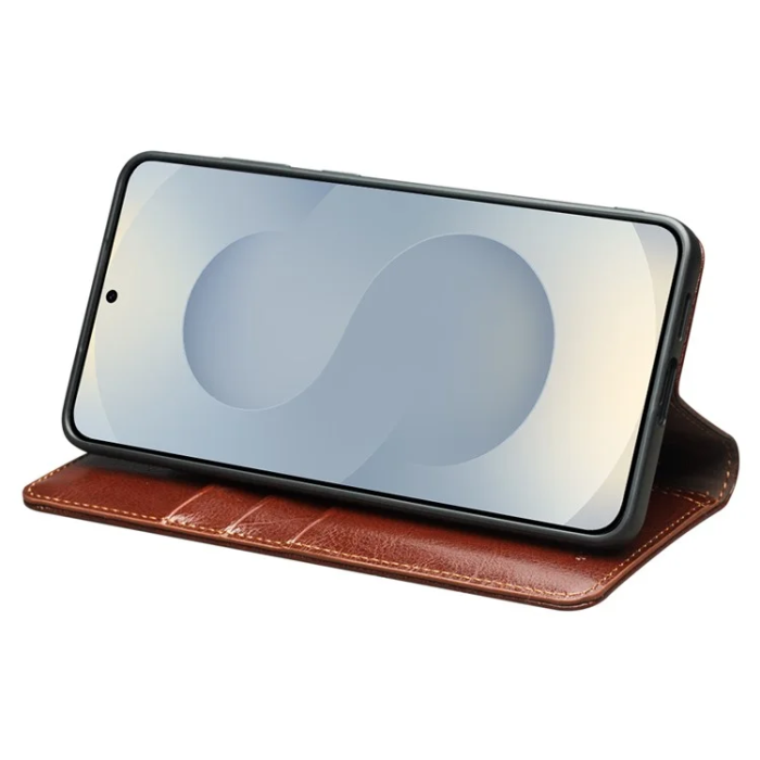 QIALINO - Qialino Galaxy S25 Edge Plånboksfodral Äkta Läder - Brun