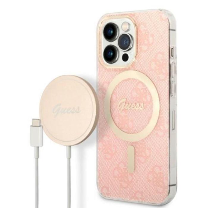 Guess - Guess iPhone 13 Pro Magsafe Skal Print + Trådlös Laddare - Rosa