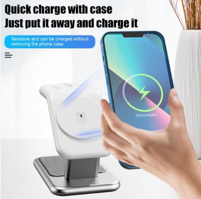 A-One Brand - 3-in-1 Trådlös Laddare Magsafe iPhone, Apple Watch, Airpods 15W - Vit