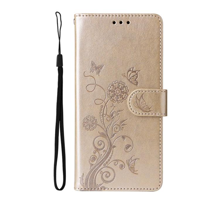 OEM - Samsung Galaxy S26 Plus Plånboksfodral Konstläder Blomtryck Ställ - Guld