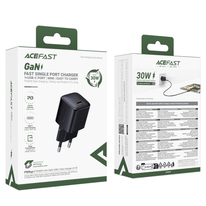 Acefast - ACEFAST Mini GaN Snabbladdare 30W USB-C EU A118 PD - Svart