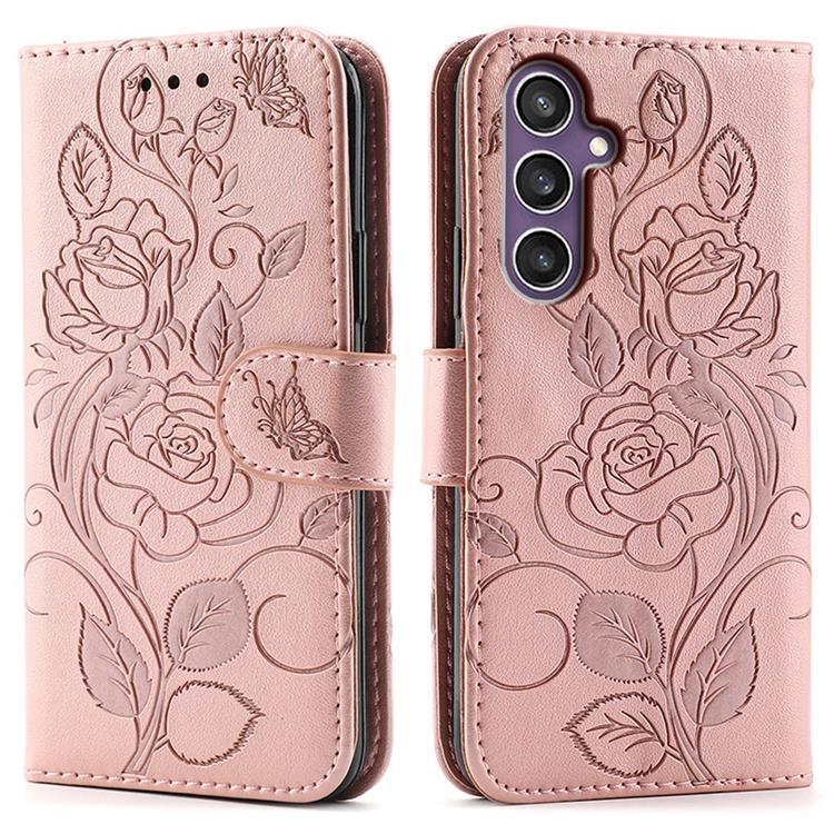 Galaxy S25 Konstläder Plånboksfodral Imprinted Rosa Butterfly (Roséguld) | 2353 | AlltMobil