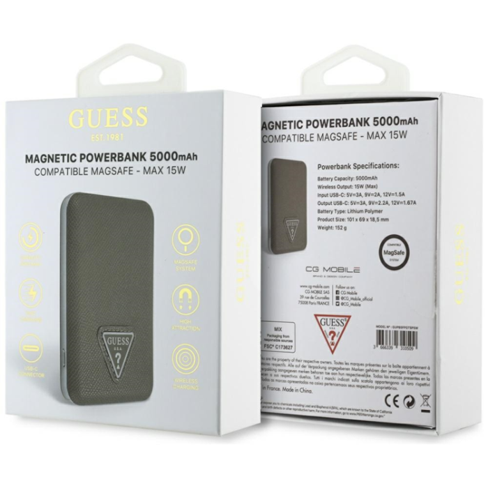 Guess - Guess MagSafe Trådlös Power Bank 5000mAh 15W USB-C Grained Triangle Inductive