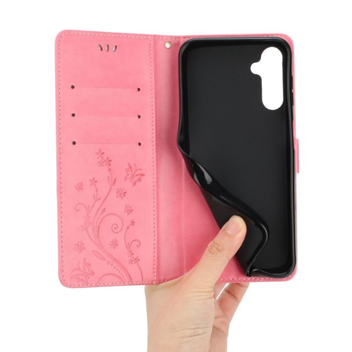 OEM - Samsung Galaxy S26+ Plånboksfodral Konstläder Fjäril Blomma - Rosa