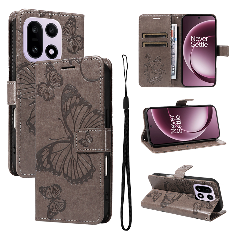OnePlus 15 5G Konstläder Plånboksfodral Floral Butterfly Imprinted (Grå) | 2353 | AlltMobil