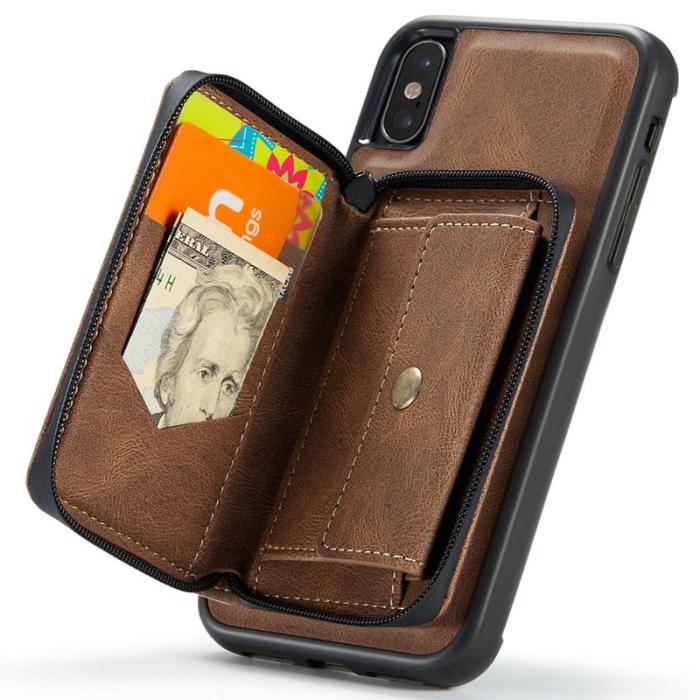 JEEHOOD - JEEHOOD Mobilskal till iPhone X/XS med Kickstand och Magnetisk Ficka - Brun