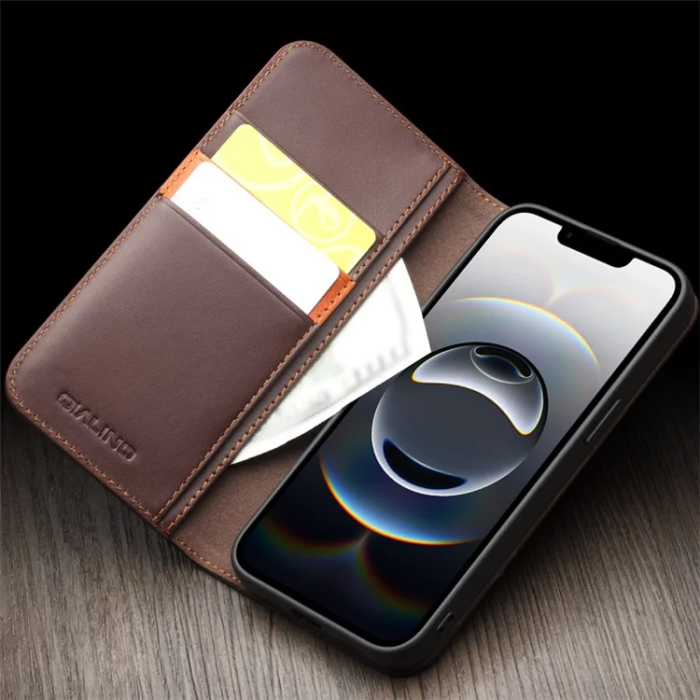 QIALINO - Qialino iPhone 16e Plånboksfodral Äkta Läder Anti-Drop - Svart