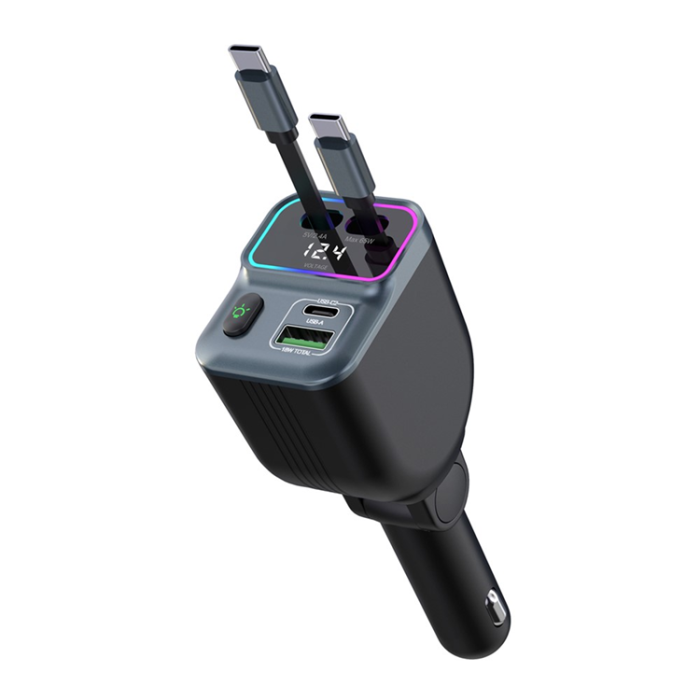 A-One Brand - Billaddare med Dual infällbart USB-C Kabel GC15 - Svart